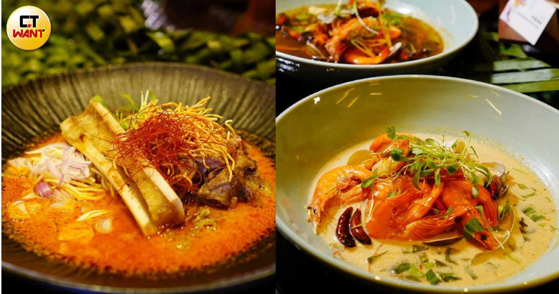 必吃菜餚「泰北牛肉金麵」（左），右為濃湯與清湯兩版本的「冬蔭功」。（圖／魏妤靜攝）